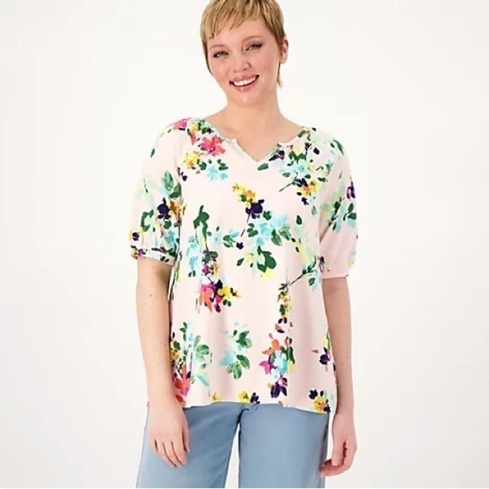 Floral V-Neck Puff Sleeve Top - Pink